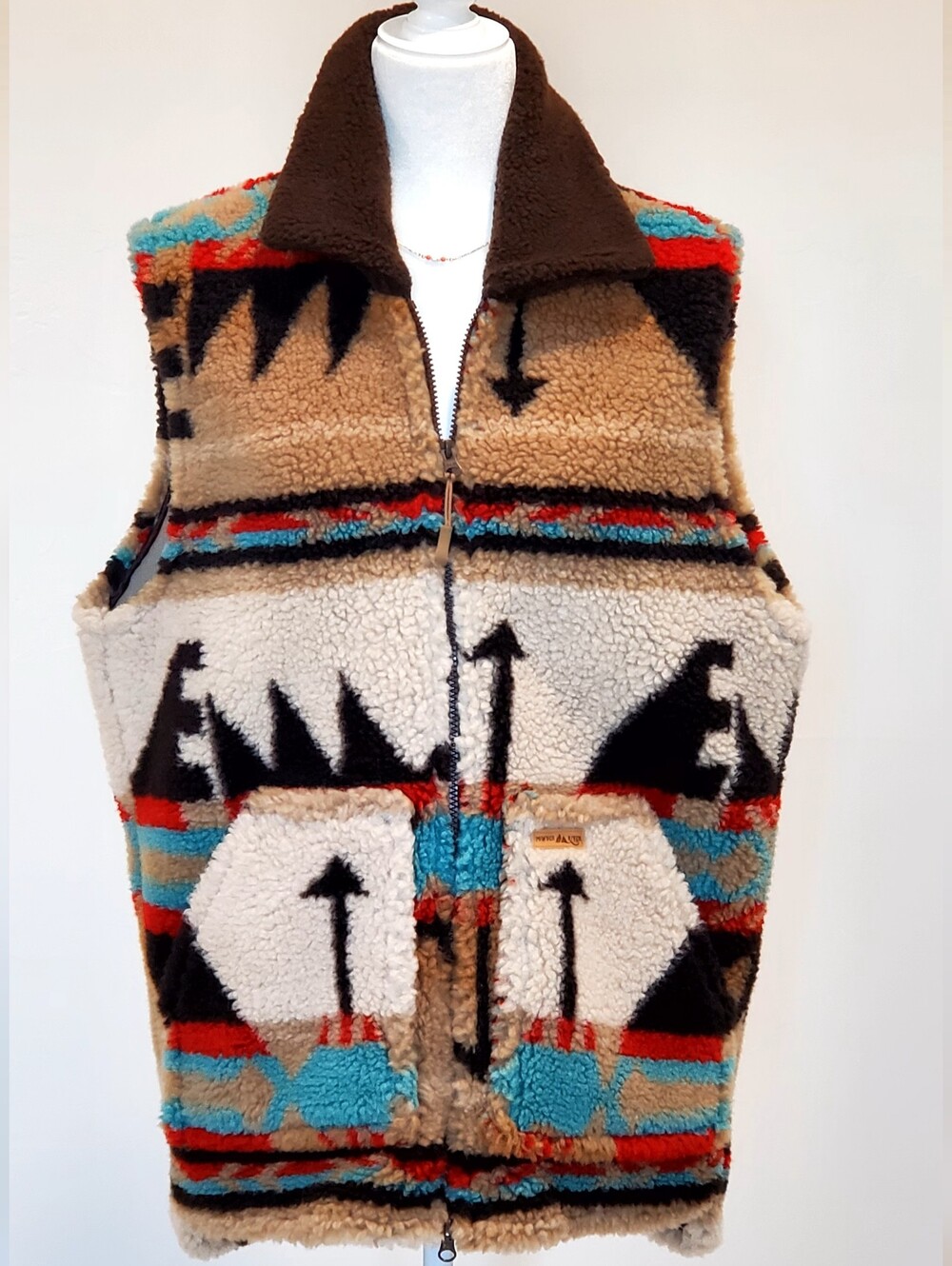 Powder River Outfitters Southwest Sherpa Zip Up, Long Line, Lined Vest, Wm Large